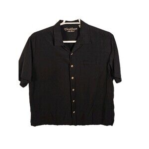 Caribbean Brand Men's Large 70% Silk -30% Cotton Black Button-Down Shirt